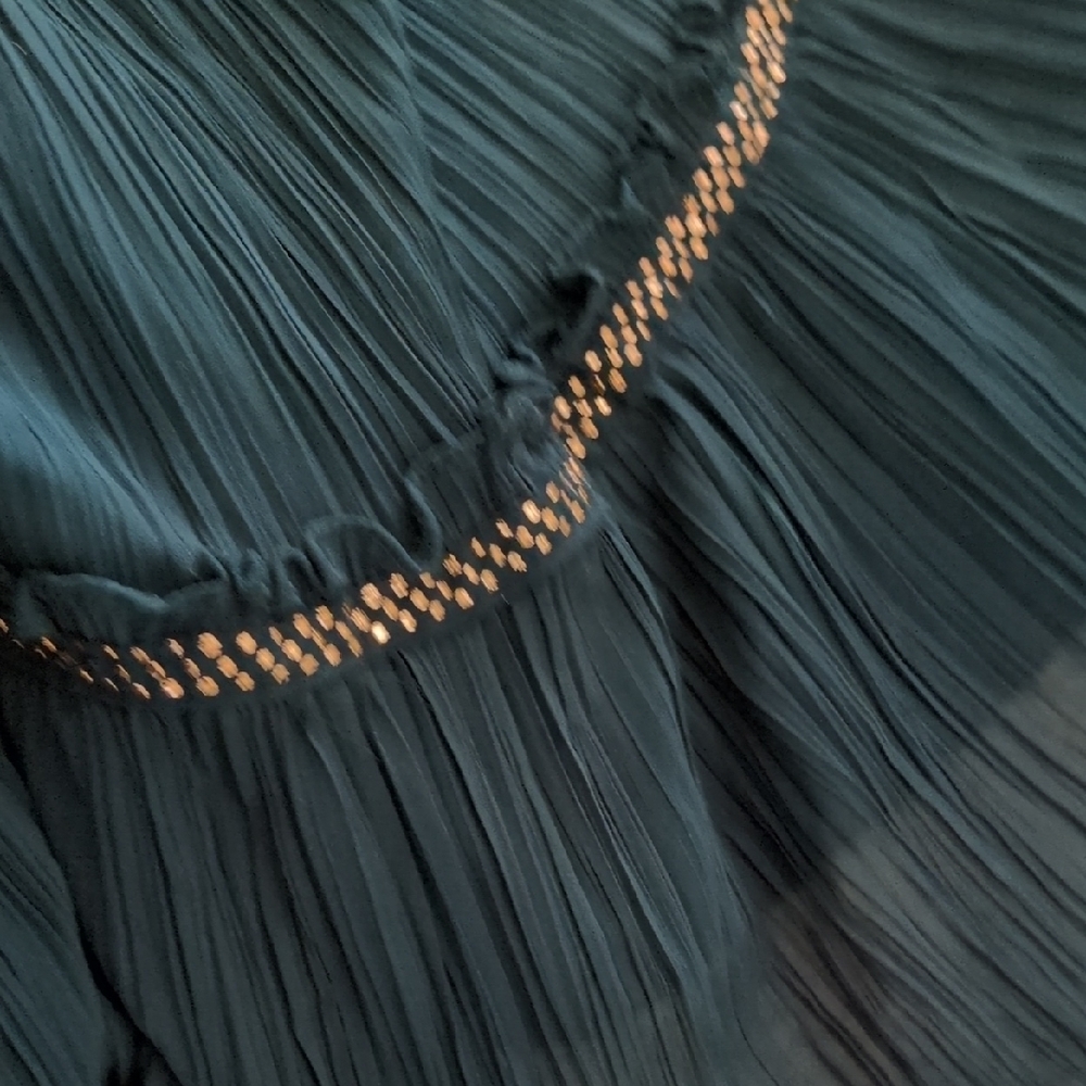 Formal Dress: Deep Green w/Gold Embellishments & Flowy Cape on Modest Sleeveless - Picture 15 of 16